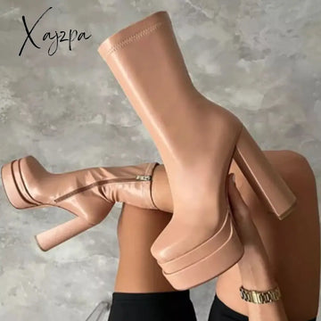 Xajzpa - New Women Platform Boots Chunky Heels Designer Shoes For Motorcycle Side Zipper Women’s